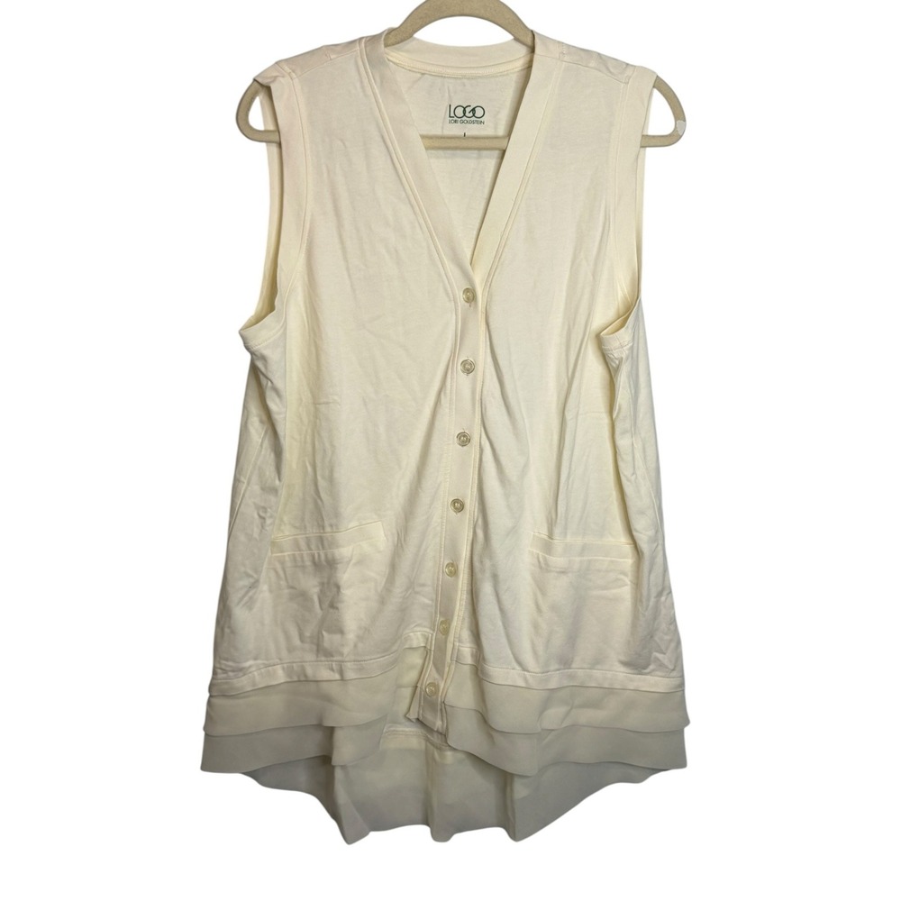 LOGO Lori Goldstein Top Women's Large Sleeveless Button Front Layered Ivory